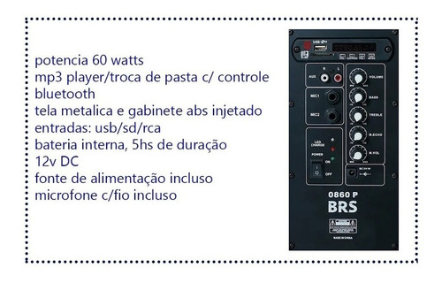 Caixa De Som Ativa Brs 0860p 8' 60w C/ Bateria E Bluetooth