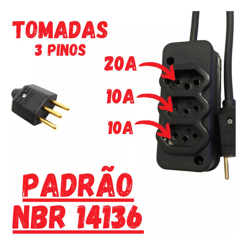 Extensão 5 Metros Grossa Cabo Pp Fio 2x2,5mm Tomada Tripla