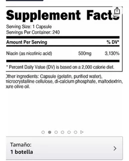 Niacina Vit B3 Suplemento 500mg Por 240 Cápsulas