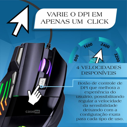 Mouse Gamer Para Jogo 3.200 Dpi Óptico Com Led Rgb Usb 7 Botões 4 Velocidades Dpi Ergométrico Casenn Preto