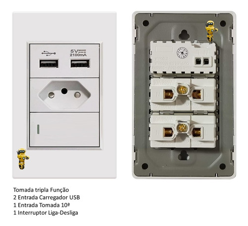 Imagem 4 de 4 de Tomada Duo Carregador Usb 5v 2.1a Interruptor C/ Tomada 10a