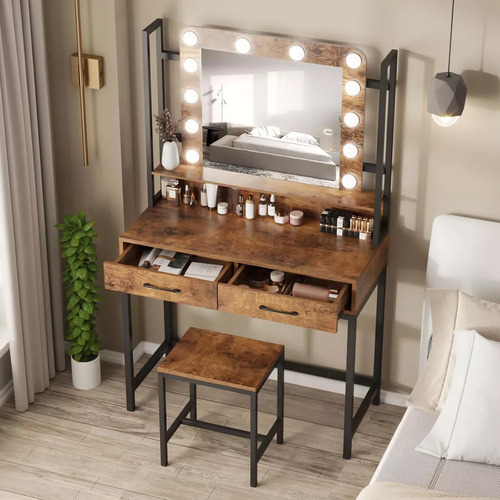 Tocador De Dormitorio Moderno Con Led Espejo Con 2 Cajones Blanco Crema