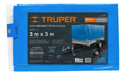 Lona De Polietileno Reforzada 3 X 3 M, Azul, 180g/m2, Truper