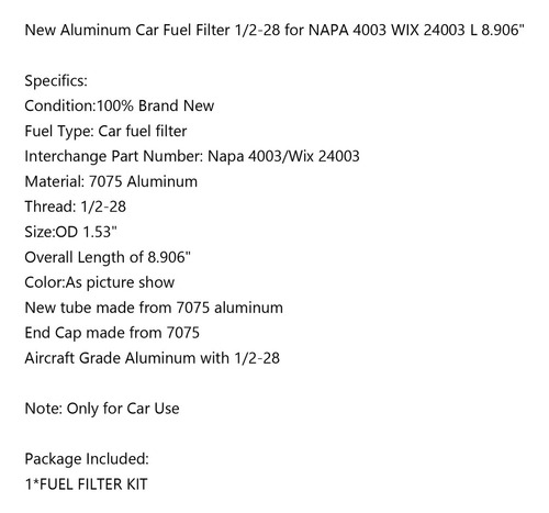 Filtro De Combustible Coche 1/2-28 Para Napa 4003 Wix 24003