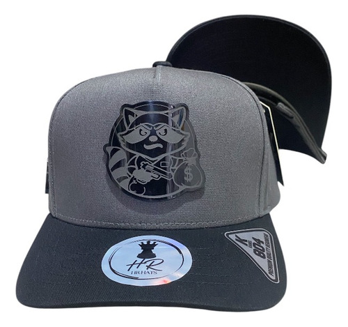 Gorra Mapache Placa Premium Gris Visera Negra Ajustable