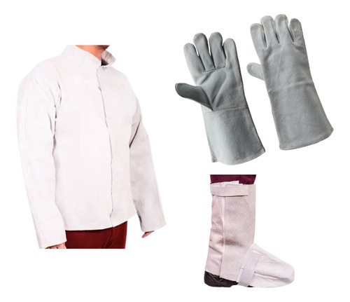 Kit Campera De Cuero + Guantes + Polainas Soldador