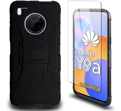 Funda Protector P/ Huawei Y9a, Uso Rudo Con Clip + Mica Color Negro Huawei Y9a
