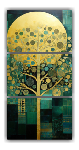 90x180cm Pintura De Árbol En Verde Y Amarillo En 3 Lienzos