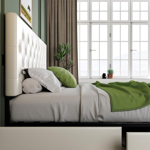 Base De Cama King Size Allewie C/ 4 Cajones Moderna Blanca