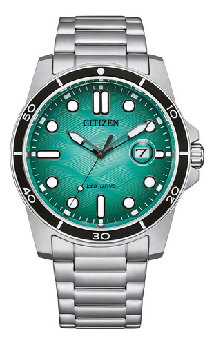 Reloj Citizen Aw181689l Hombre Eco Drive Acero Inoxidable Malla Plateado Bisel Negro Fondo Verde