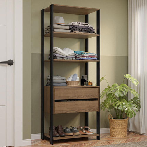 Guarda-roupa Closet Valencia 2 Gav 4 Prate 70cm Madesa Pr Cor Rustic/Preto
