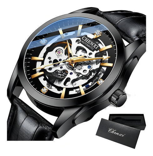 Reloj Clásico Mecánico Chenxi Leather Diamond Color De La Correa Negro