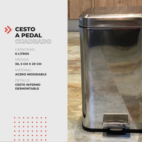 Cesto Tarro Tacho Papelera A Pedal Acero Inox Cuadrada 6 Lts