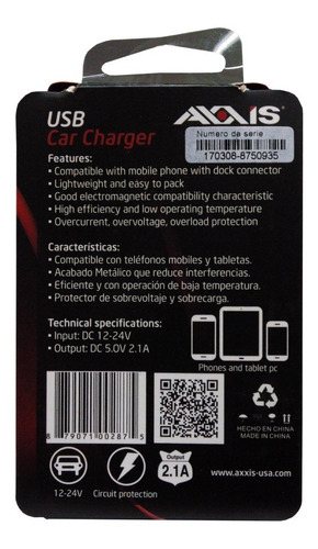 Imagen 4 de 6 de Cargador Para Carros Axxis Usb 2 Puertos 2.1 Ah Metal Platea