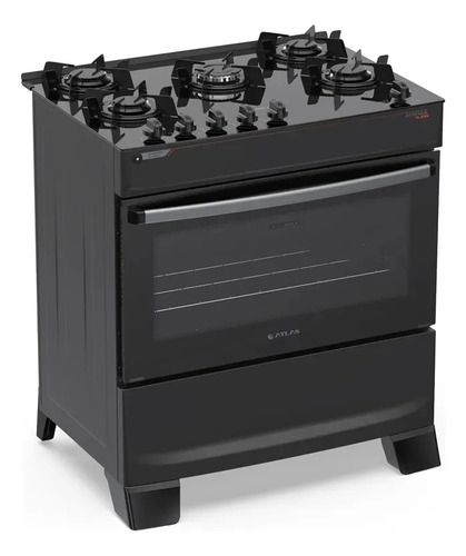 Fogão 5 Bocas Atlas Atenas Glass A Gás com Mesa de Vidro e Mega Chama Preto Bivolt