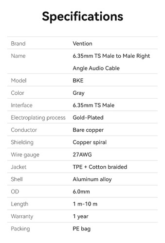 Cable de Audio Plug 6.5 mm Vention 3 Metros Plug 90° Codo a Plug 6.35 TS Hi-Fi Bidireccional Para Guitarra Amplificador Consola DJ Microfono Instrumento Piano Mixer PVC Premium BKEHI