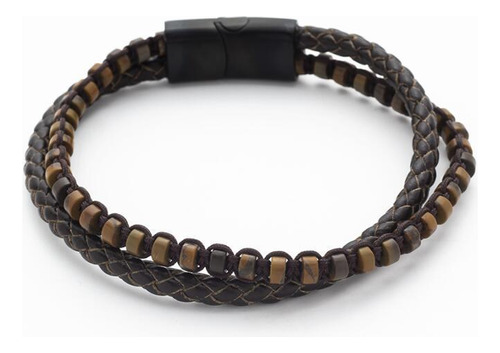 Bracelete Couro Preto Trançada Linha Trançada Olho De Tigre