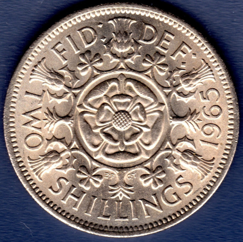 2 Shillings 1965 Moneda Gran Bretaña Isabel Ii Rosa Tudor