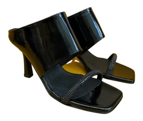 Imagen 4 de 7 de Sandalia Zueco Charol Noche Taco Fino Vestir Strass Abraxas