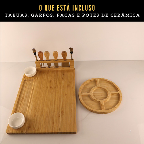 Kit Tábua Grande Para Queijos E Frios Com Petisqueira, Facas, Garfos, Potes E Bandeja De Bambu Ideal Para Servir Aperitivos, Snacks E Montar Mesa De Frios Completa