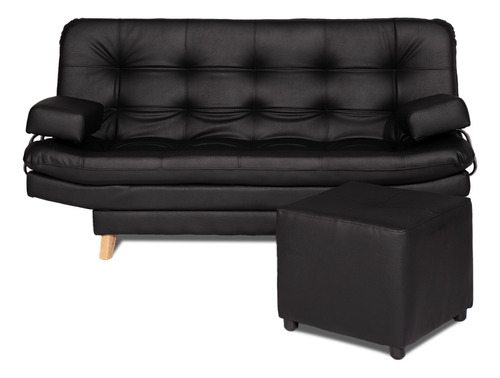 Sofa Cama Valencia Negro + Puff + 2 Cojines Tela Antirasguño