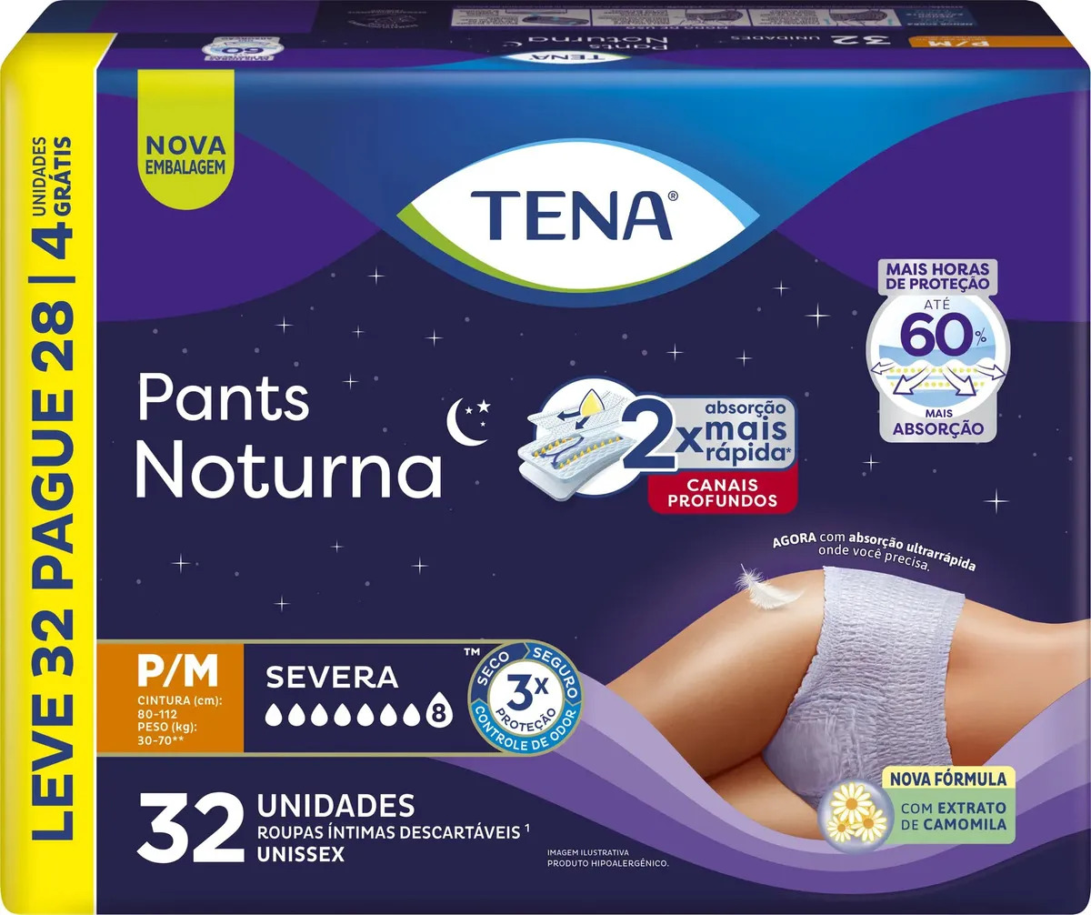 Roupa Íntima Descartável Tena Pants Noturna P/M Leve 32 Pague 28 Unidades