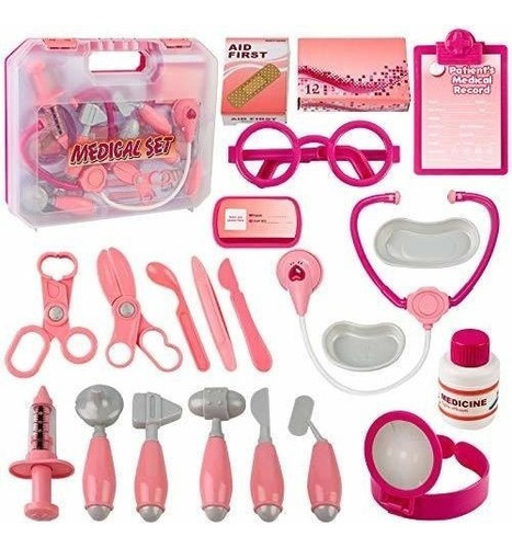 Juego Para Niños Kit Medico Cirujano Color Rosa De 22 Piezas