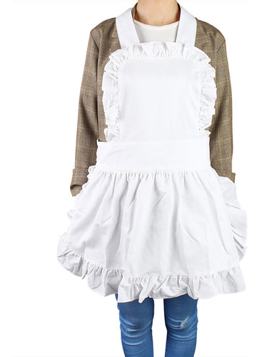 Delantal De Algodón Blanco Para Mujer, Con Volantes