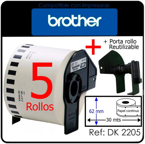 Imagen 1 de 4 de 5 Rollos Etiquetas Adhesivas Dk 2205 Para Brother 62mm + Por