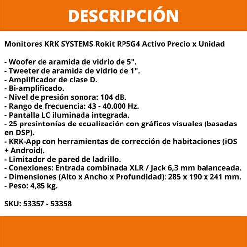 Imagen 2 de 10 de Monitores Krk Systems Rokit Rp5g4 Activo Precio X Unidad