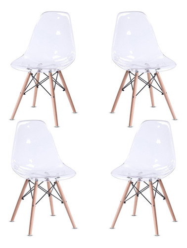 4 Silla Eames Transparente Con Patas De Madera Living Cocina