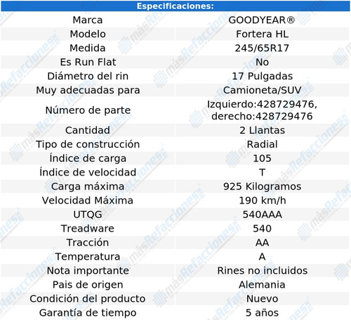 Paquete De 2 Llantas 245/6517 Goodyear Fortera 105t