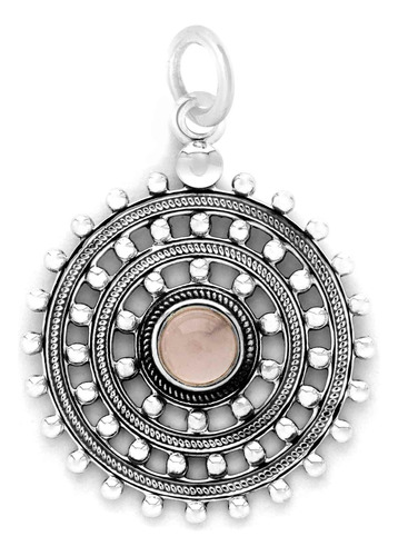 Colgante De Plata 925 Diseño Medallón Con Cuarzo Rosa