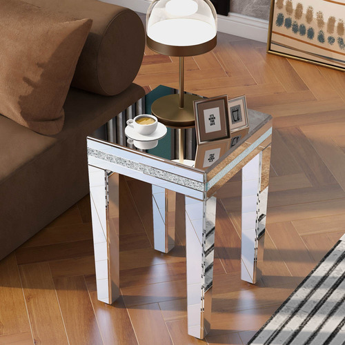 Modern Glass Mirror Side Table With Crystal Design And Adjus