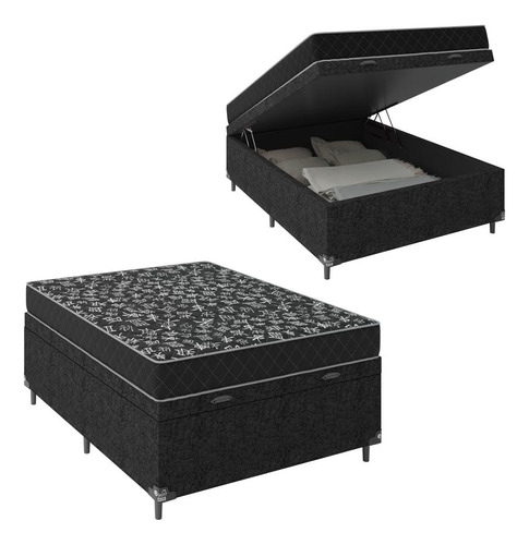 Cama Box Baú Viúva + Colchão D20 - Suede Preto- 56x128x188cm Cor Suede Preto