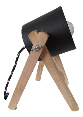 Imagen 1 de 9 de Velador Cinema Madera Nordico Lampara De Mesa Textil + Led