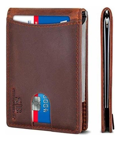 Cartera De Hombre Con Bloque Delgado Bifold De Cuero Genuin