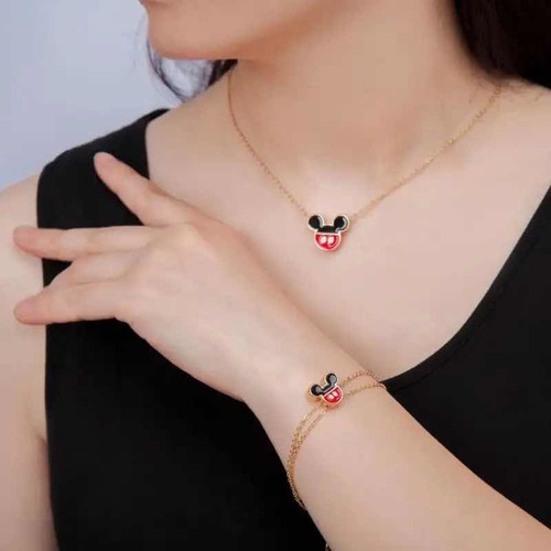 V Conjunto Collar Y Pulsera Mickey Mouse Bañado En Oro