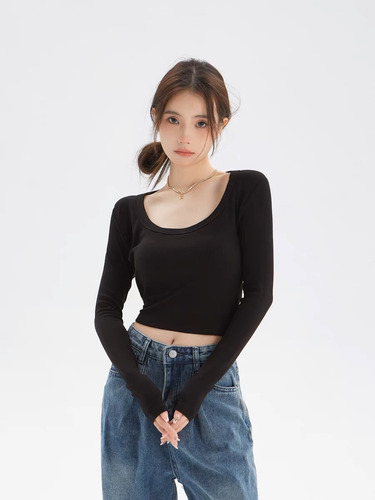 Camiseta De Manga Larga Con Cuello En U Para Mujer, Top De M