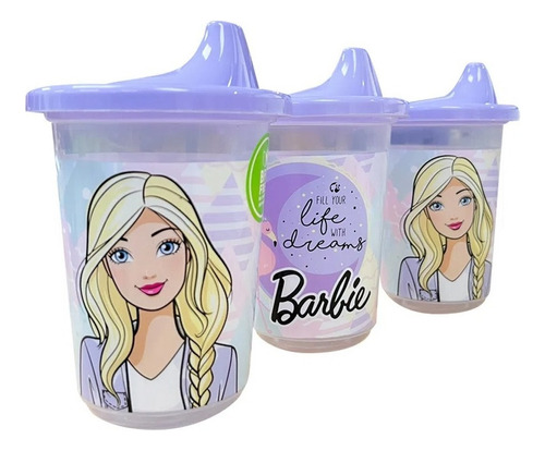 Set 3 Vasos Entrenador Barbie Reutilizable Toma Jugo Niña Co