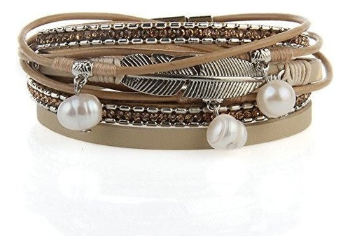 Casual Mujer Pulsera De Cuero Pluma Wrap Cuff Bangle 