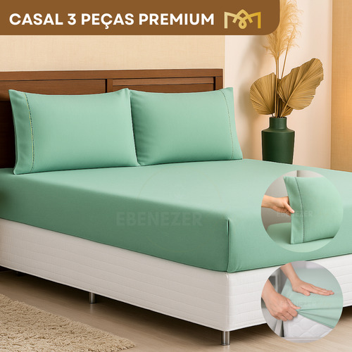 Jogo De Lençol Casal 3 Peças 400 Fios Percal Ponto Palito Macio C/ Elástico Hotel Premium Cor Verde Agua