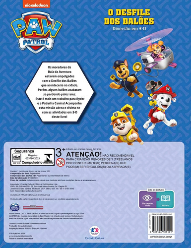 Livro 3d Patrulha Canina O Desfile Dos Balões Com Óculos