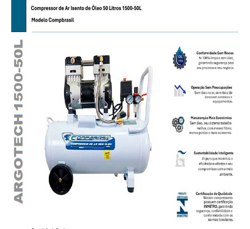 Compressor Silencioso Sem Óleo 50l P/ 2 Cadeira Odonto 10pés
