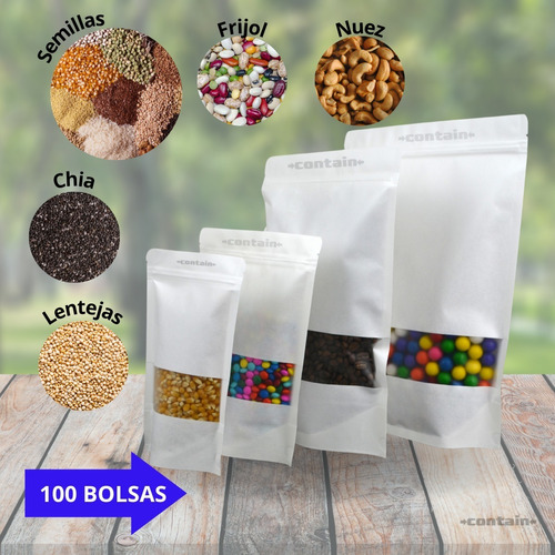 100 Bolsa Stand Up Pouch Cierre Papel Blancoventana 1000 Grs