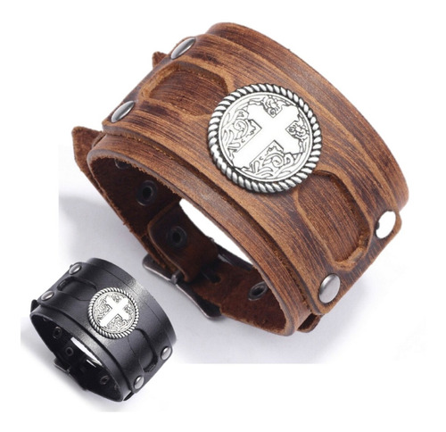 Bracelete Masculino Couro Legítimo Viking Cruz Medieval Luxo