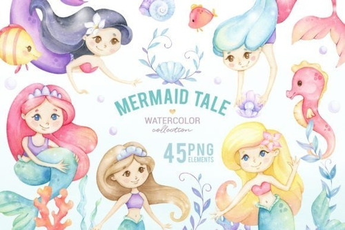 Kit Imprimible Scrap #03 - Cute Mermaid Watercolor Clipart