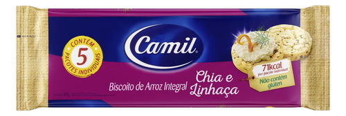 Pack Biscoito de Arroz Integral Chia e Linhaça Camil Pacote 90g 5 Unidades