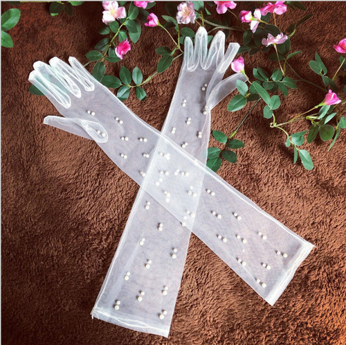 Guantes De Novia Elegantes De Encaje Blanco Con Perlas Larga