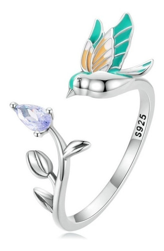 Anillo Ajustable Para Mujer Pájaro Colibrí Rama En Plata 925